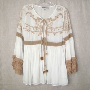 BAROK Paris Bohemian People Embroidered White Cotton Front Tie Cardigan Size S/M